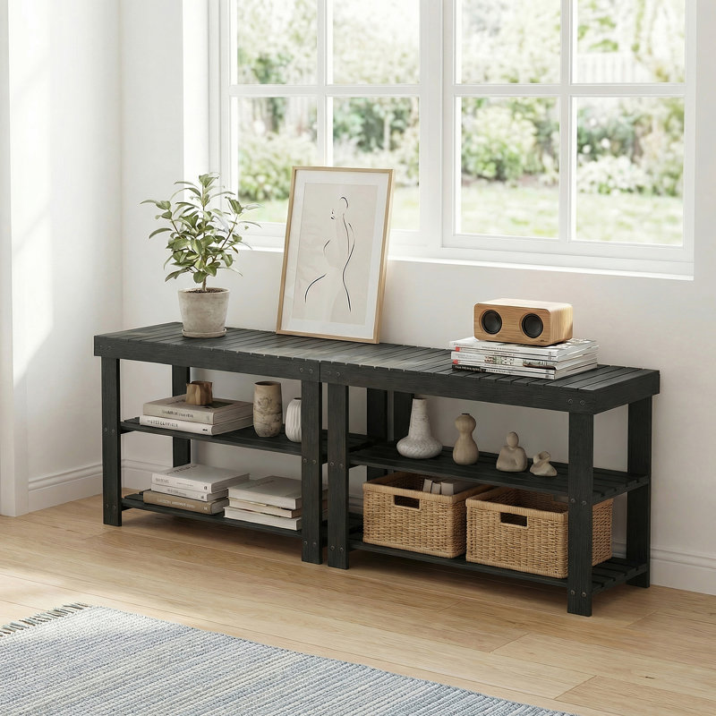 Wood Shoe Storage Bench with Seating, Entryway Organizer, Sturdy Construction for Hallway, Black, Black