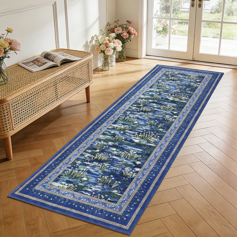 Washable Rug for Living Room, Soft Non Slip Floral Bedroom Rugs, Water Lily Pond Cute Nursery Rug, Large Low Pile Stain Resistant Farmhouse Rugs