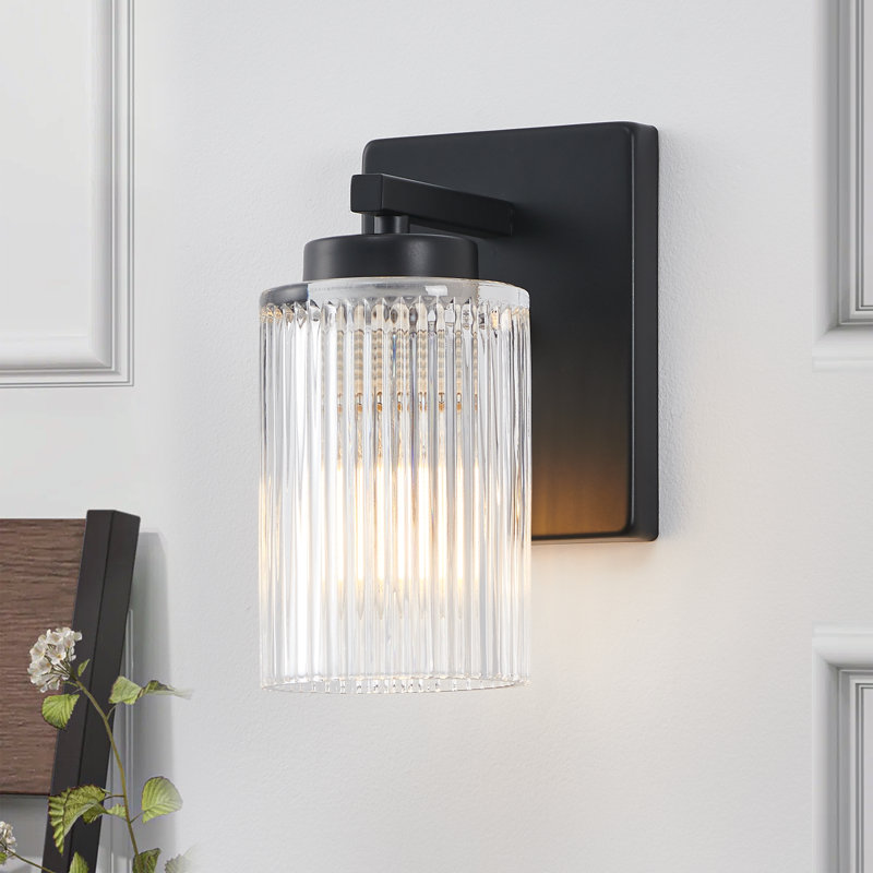1-light/single Armed Wall Sconce With Ribbed Clear Glass Shade, Matte Black
