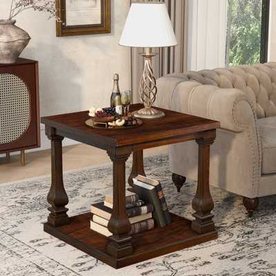Table de bout 24,8 po Farmhouse avec tablette de rangement, table d'appoint rétro à 2 niveaux avec pieds sculptés en bois massif, table de chevet décorative carrée pour le salon et la chambre à coucher
