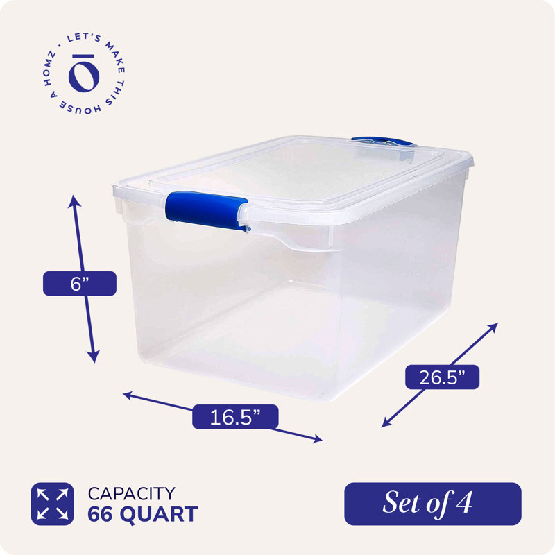 Homz Storage Organizing Container Bin with Latching Lids, 66 qt., 4, Blue/Clear