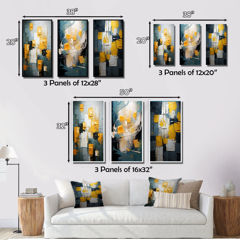 Sudden Happiness abstrait bleu sarcelle et jaune I - ensemble de 3 reproductions, Toile tendue, H 28 po x l 36 po