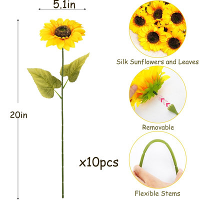 10 tournesols artificiels, 10 tournesols en soie artificielle avec longue tige pour décoration intérieure d'automne, mariage, fête de naissance, fleurs de cimetière - têtes de 5 po, tiges de 20 po