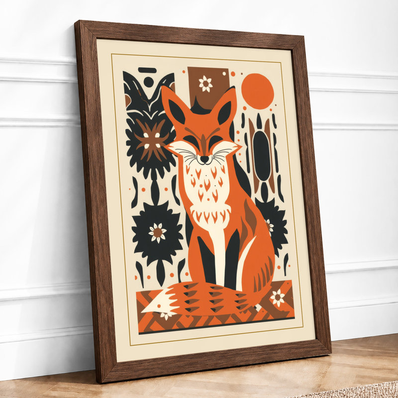 Folk Art Fox Scandinavian - Framed Print, A1 - 84.1 x 59.4 cm, Walnut