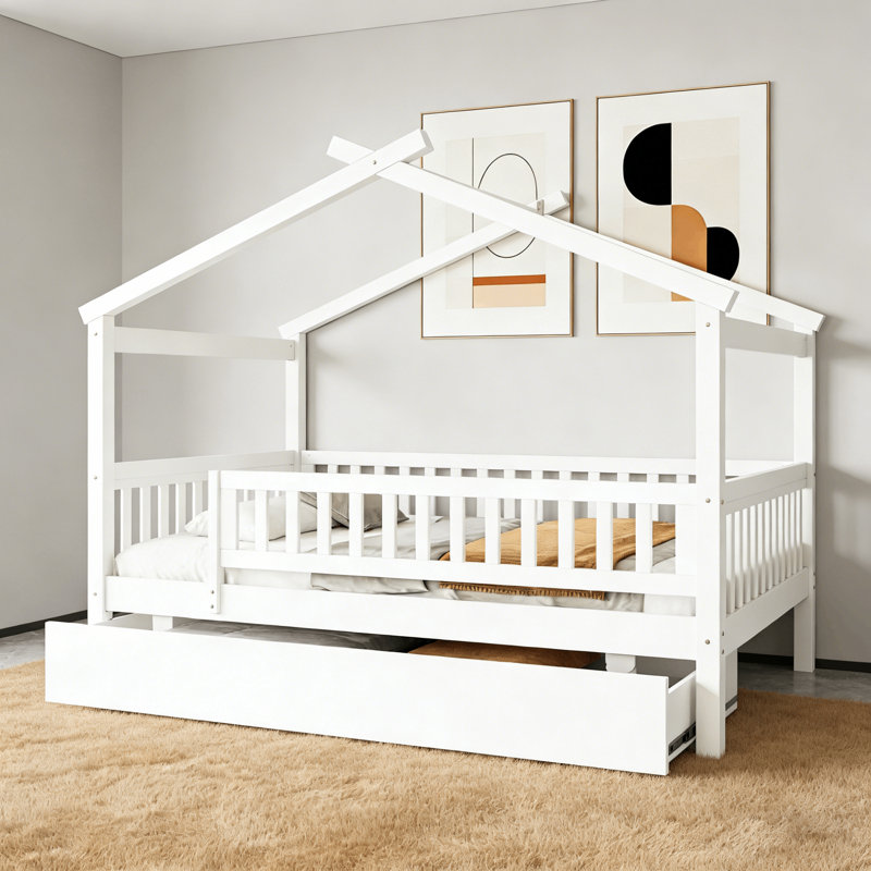 House Style Bed With Built In Trundle, Full, White
