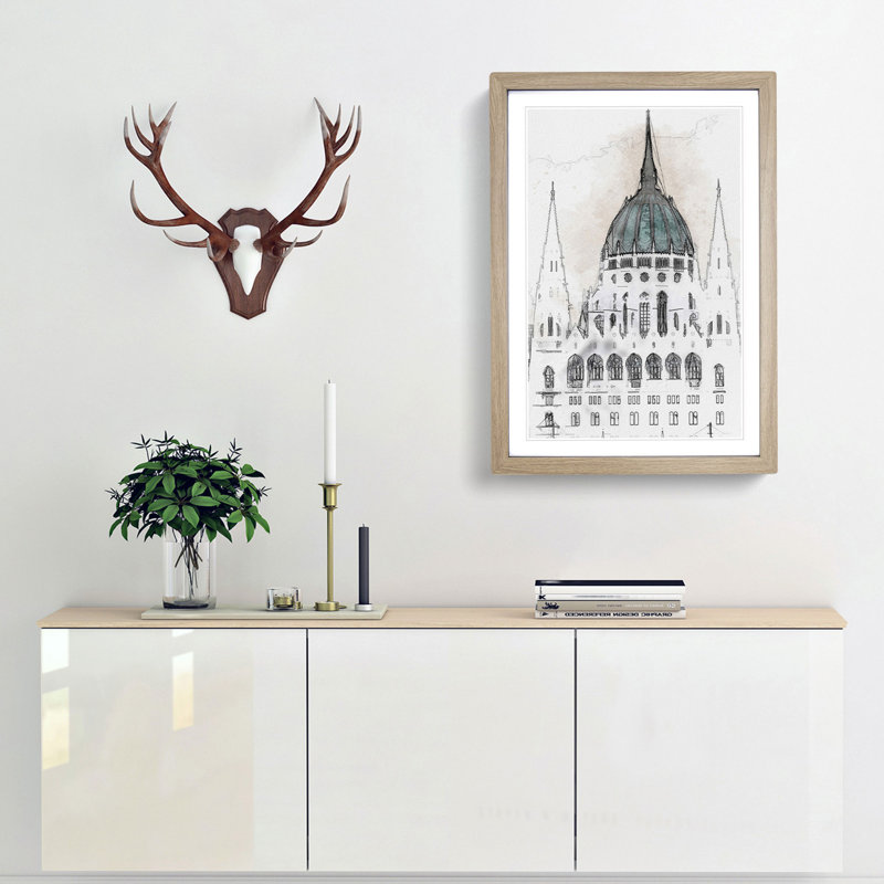 Parliament Building in Budapest in Abstract - Picture Frame Graphic Art Print, 87cm H x 62cm W x 2cm D, Oak Framed