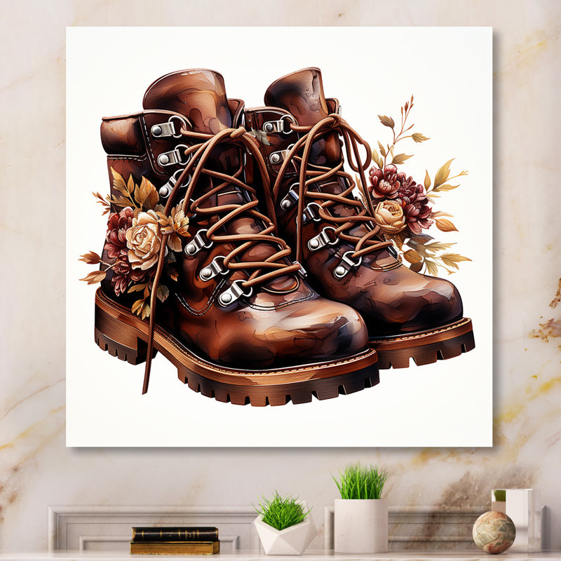 Fleurs brunes qui marchent dans mes bottes - Cowboys, art mural en métal, H 16 po x l 16 po