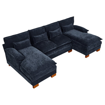 Double chaise longue en chenille bleue, 3 pièces, tissu d'unité centrale, support stable 500 lb, charge intense