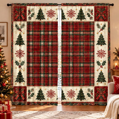 Ensemble de 2 rideaux à carreaux de Noël, imprimé festif de flocons de neige et de sapins, tissu filtrant la lumière, protection de l'intimité, conception à œillets, lavables à la machine, convenant au salon, à la chambre, à la cuisine, à la décoration de Noël, parfaits pour les fêtes.