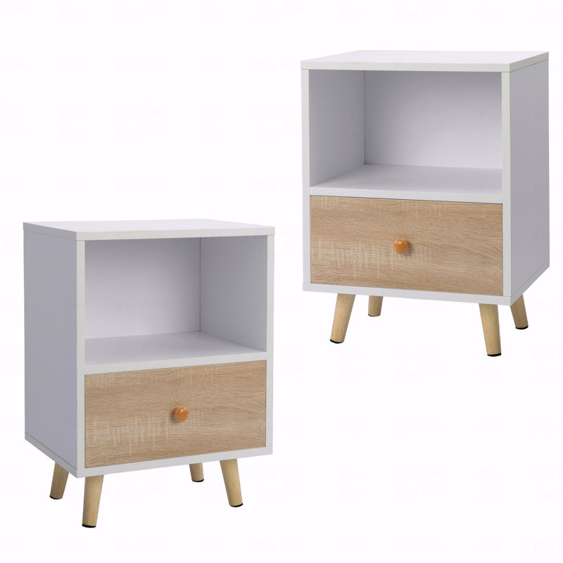 2 placards de chevet avec 1 tiroir et pieds courts, table de bout avec tablette de rangement, intérieur, blanc