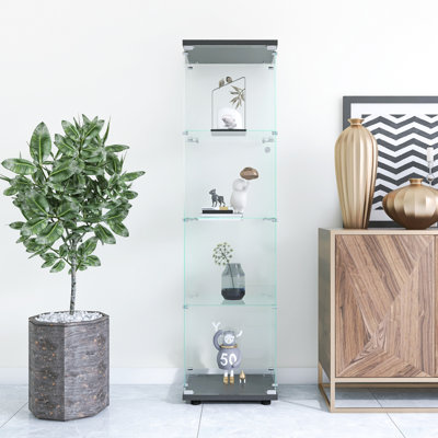 Glass Display Cabinet 4 Shelves With Door, Floor Standing Curio Bookshelf For Living Room Bedroom Office, 64.7"*16.7"*14.3"