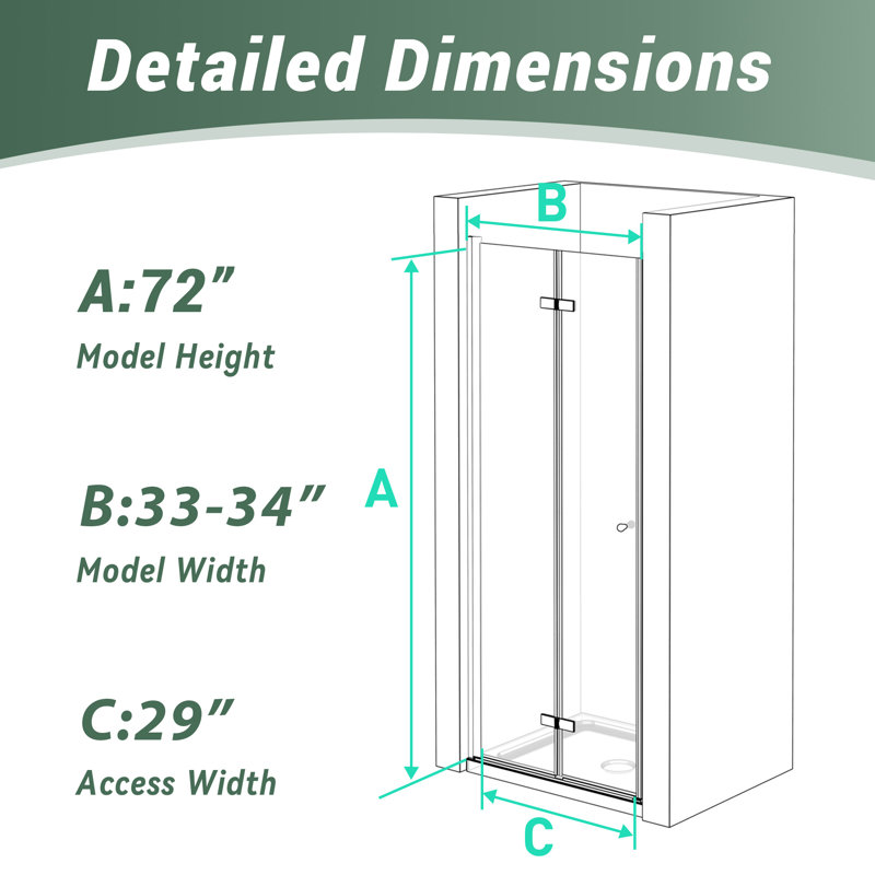  33-34＂W x 72＂H Bifold Frameless Shower Door, Folding Shower Door With 1/4＂(6mm) Clear Tempered Glass For Bathroom