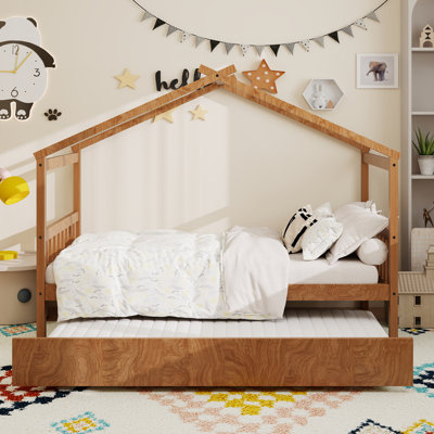 Twin Size Wooden House Bed With Twin Size Trundle, Walnut