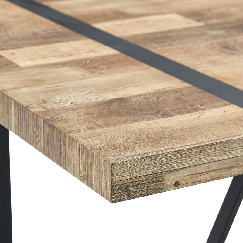 Table de salle à manger moderne et rétro, 4 chaises en polyuréthane noir, pieds en métal, plateau en bois texturé, coussins incurvés, pieds coulissants, siège de style luxueux facile à assembler avec chaises, plateau rectangulaire, à assembler