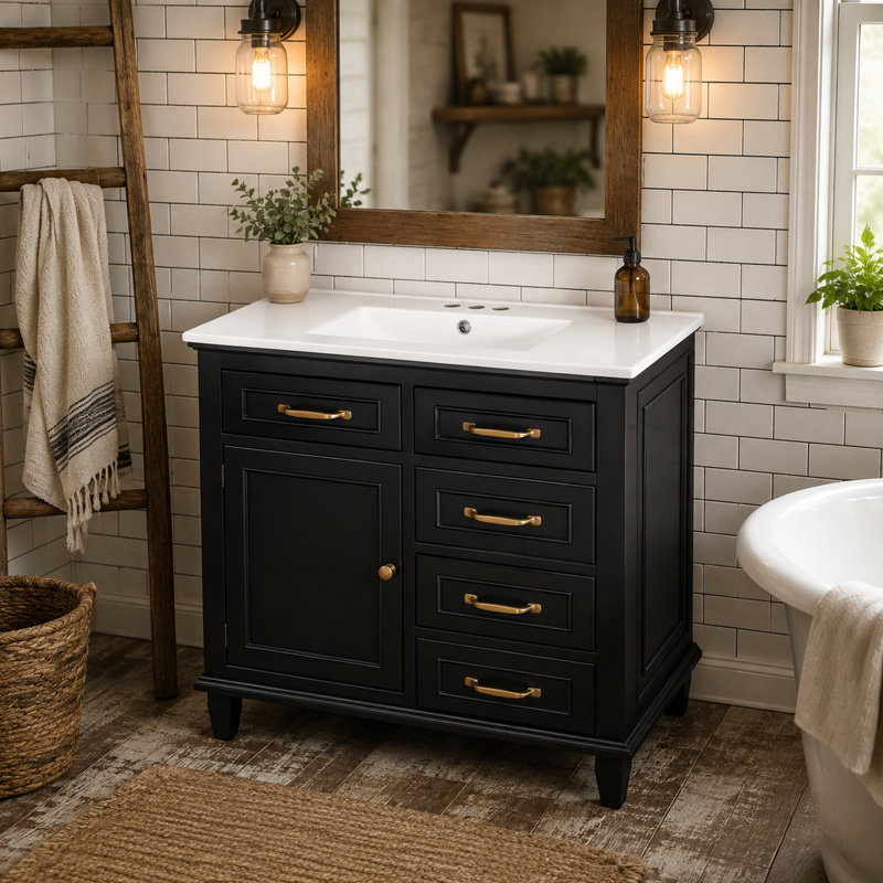 Meuble-lavabo autoportant de 36 pouces avec comptoir en céramique, cadre en bois massif, tiroirs rabattables et tablette réglable, noir