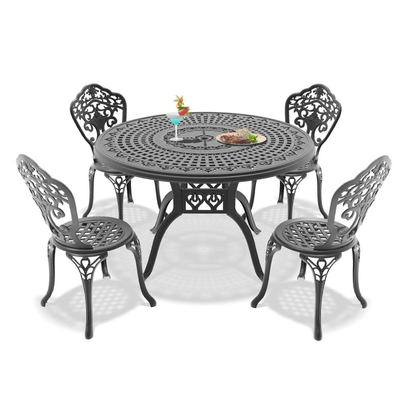 5-Piece Round Table Outdoor Cast Aluminum Dining Set, Compact Size Chair (Seat Width:15.35")，A Patio and Terrace Essential
