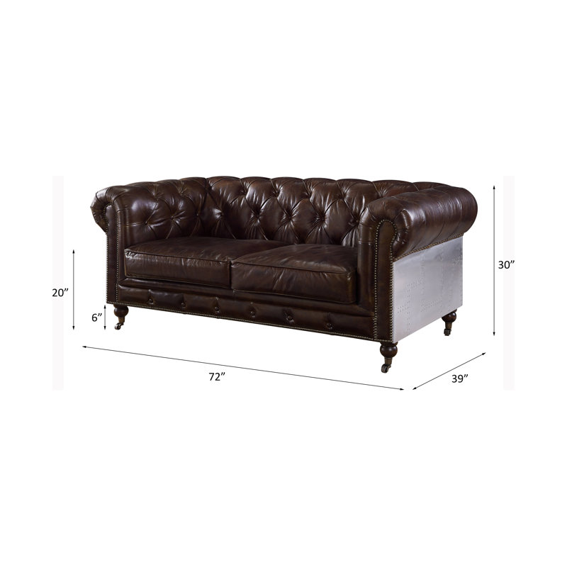 Causeuse Chesterfield à accoudoirs roulés en cuir véritable 72 po avec coussins réversibles Hayner