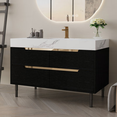 Meuble-lavabo moderne de 35,4 po avec lavabo sous comptoir, plateau en pierre frittée, bois massif multicouche imperméable, rangement à 4 tiroirs, autoportant / mural