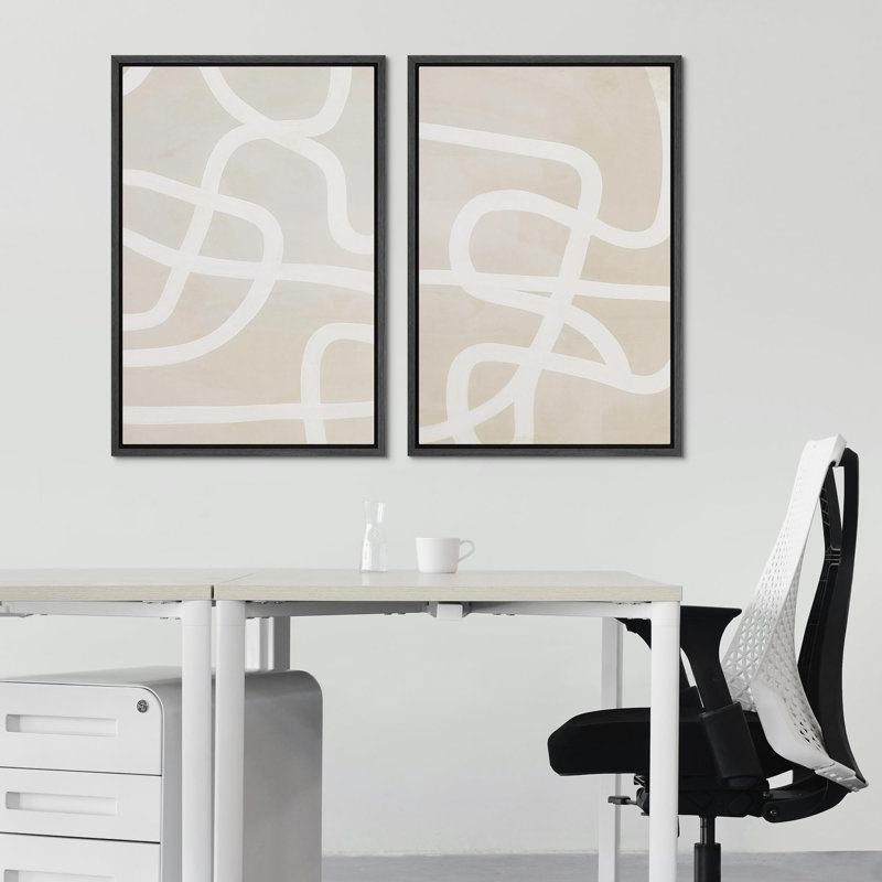 Linear Geometry " Mid-Century Beige White Geometric Spiral Ring Paint Strokes Shapes Modern Art Wall Decor Artwork " 2 - Pieces
