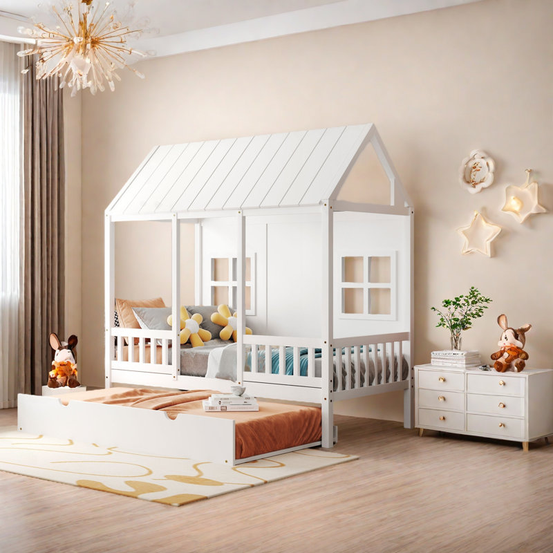 Lit en bois Wood House avec lit gigogne simple, lit de jour en bois, Lit double