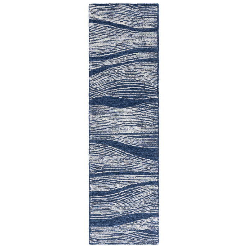 Tapis bleu marine / ivoire en laine touffeté à la main Mahli, Tapis de couloir 2 pi 3 po x 8 pi