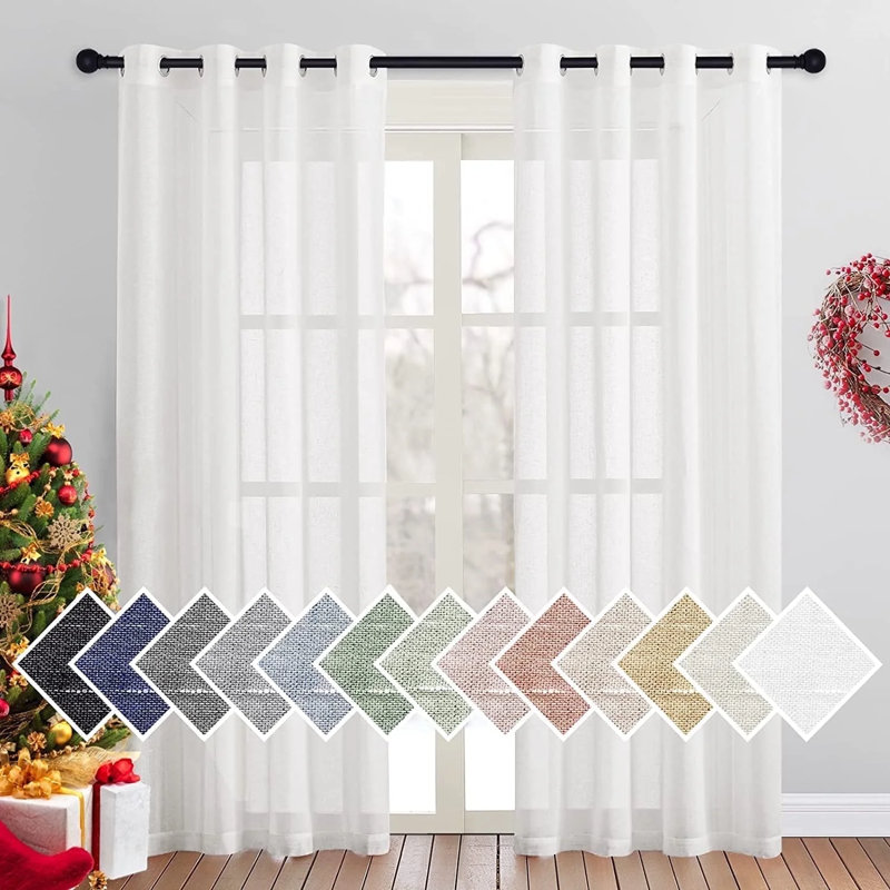 Flax Linen Curtains Semi-Sheer Solid Classic Grommet Privacy Drapes for Living Room & Bedroom, 2 Panels, 52" W x 84" L, White