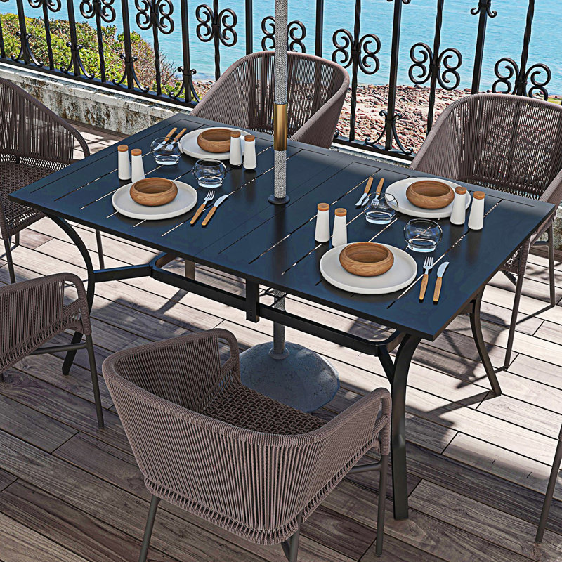 Table de salle à manger rectangulaire pour l'extérieur, table de patio rectangulaire avec trou pour parasol