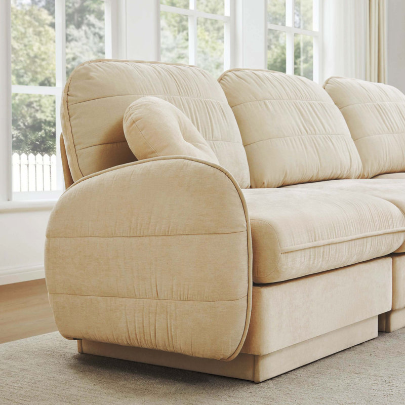 Canapé en chenille nuage beige crème avec coussins ronds et coussins de dossier matelassés, structure à 2 couches, pieds de cadre encastrés, conception ergonomique, assemblage facile, siège profond pour le salon