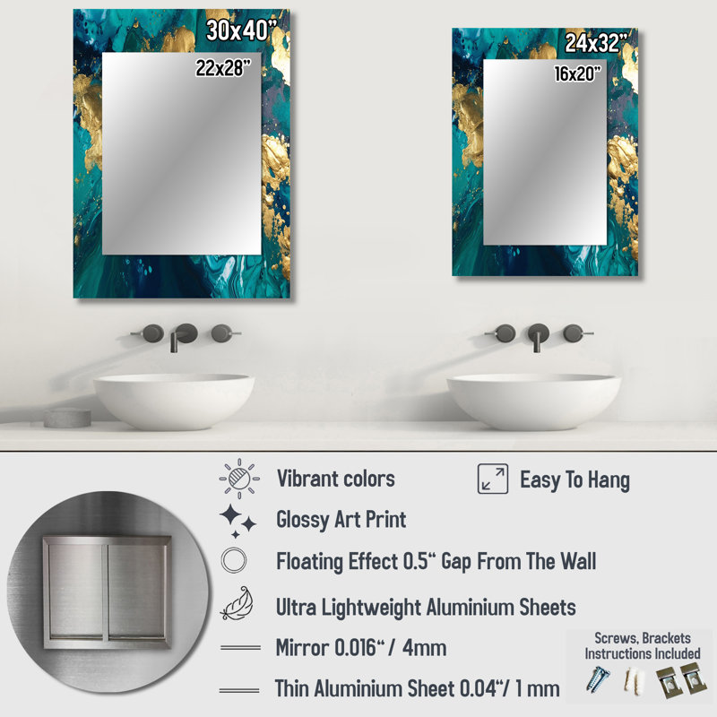 Teal and Gold Liquid Magic II - Abstract Wall Mirror, Modern Decorative Mirror, Printed Metal Art, 32" x 24"