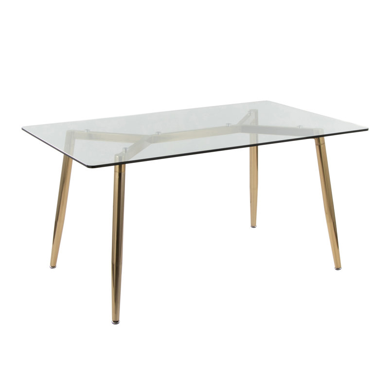 Dining Table In Gold Metal And Clear Glass, Gold