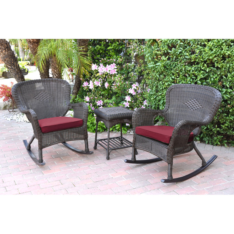 Chaise berçante en osier et table de bout avec coussins Windsor, Espresso, Rouge