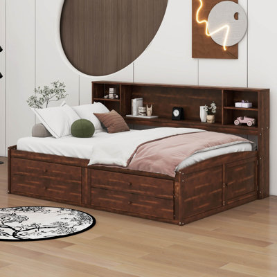 Clelio Full Size Wooden Captain Bed with Built-in Storage Shelves, 4 Drawers and 2 Cabinets