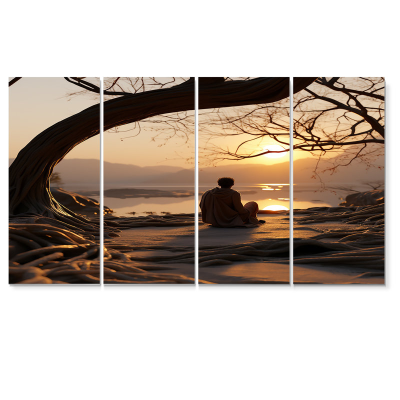 «Meditating By The Sunset River», art mural mural pour le paysage, H 28 po x l 48 po
