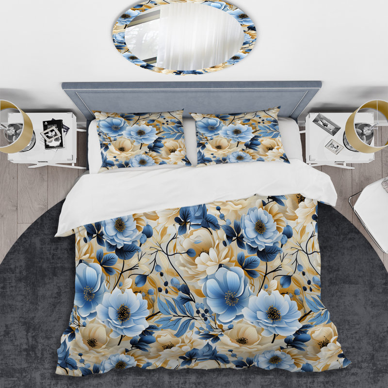 Ensemble de housse de couette à motif floral blanc et bleu Bliss, Housse de couette pour très grand lit et 2 très