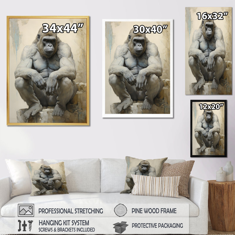 «Thoughtful Gorilla» sur impression sur toile, Cadre simple blanc, H 32 po x l 24 po x P 1 po