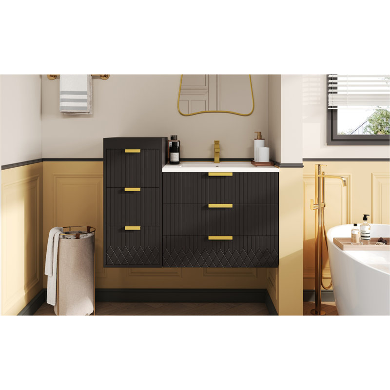 Armoire flottante murale 24 po avec armoire latérale, meuble-lavabo rectangulaire, petit lavabo de salle de bain avec trou de robinet simple et trop-plein, armoire de salle de bain moderne avec lavabo en céramique