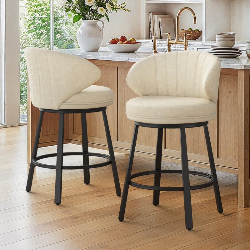 Upholstered Swivel Counter & Bar Stools With Back, Beige/Faux Leather