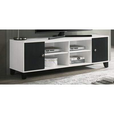Meuble télé à finition blanche avec détails noirs, tablette ouverte et compartiments latéraux cachés, style contemporain pour espace de vie principal, l 15,6 po de largeur en brume noire, tablettes dissimulées d'une hauteur de 20,1 po
