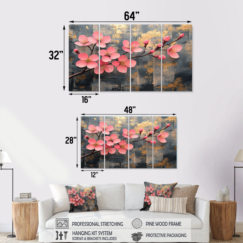 «Pink and Gold Spring Cherry Blossom II», ensemble d'art sur toile Cherry Blossom, H 32 po x l 64 po