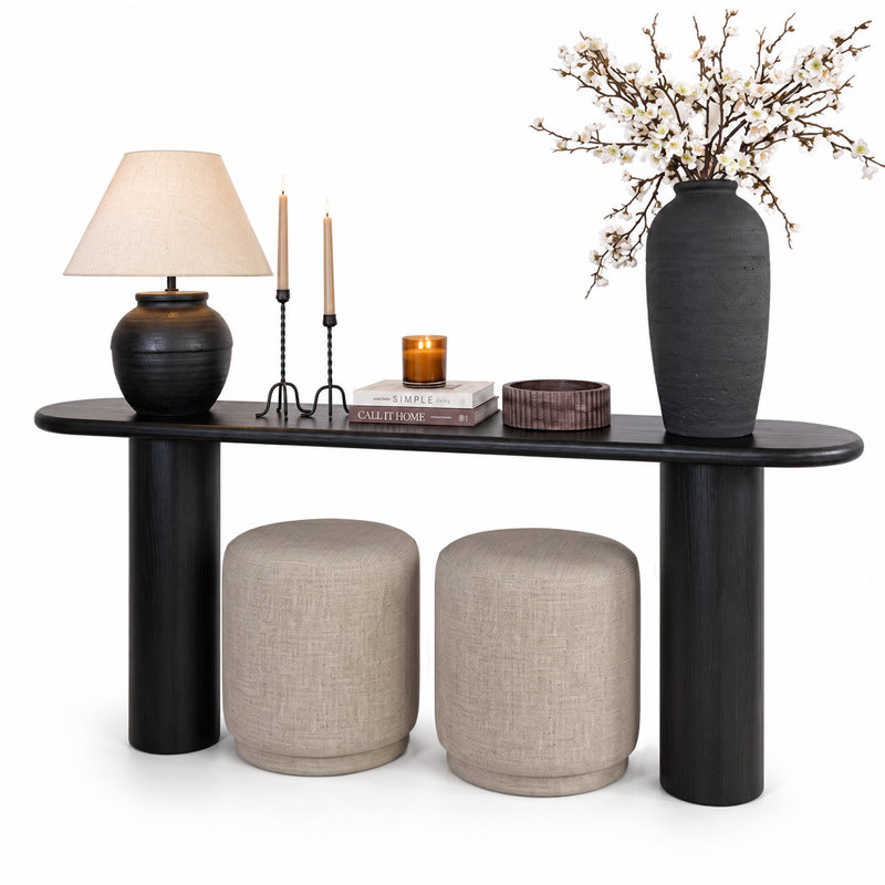 Ensemble de console noire 70 po avec 2 repose-pieds ronds rembourrés, Noir, Kaki