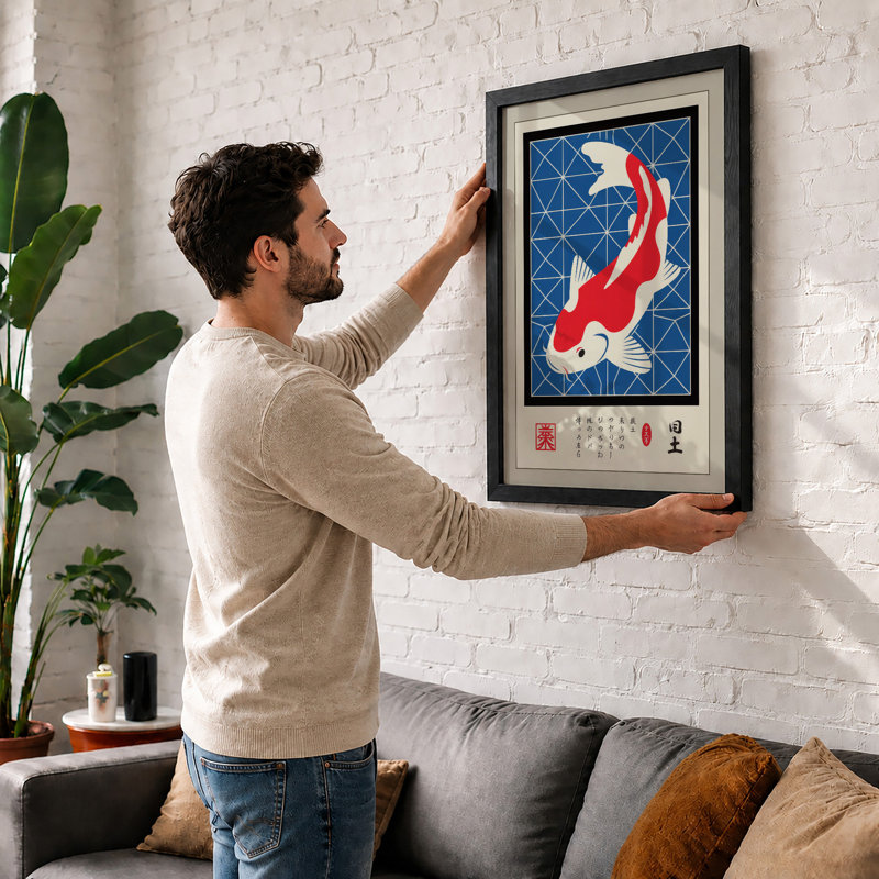 Koi in Motion Japandi - Framed Print, Oak, A3 - 42.0 x 29.7 cm