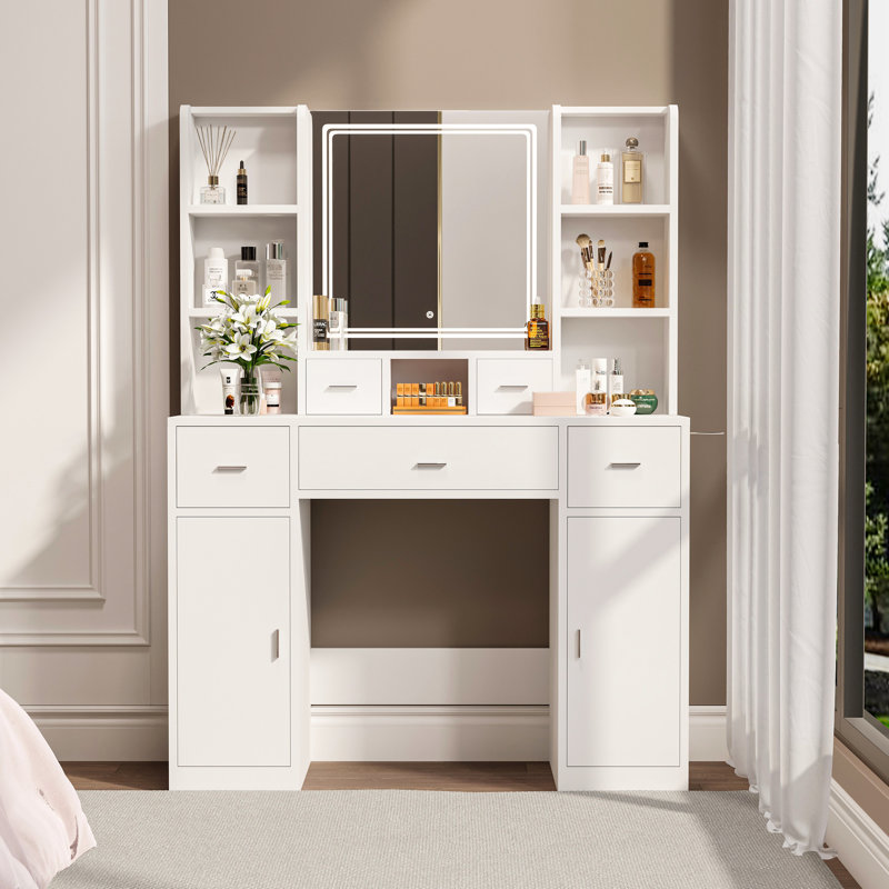 Board Dressing Table With 6 Open Shelves For Bedroom White Efficient Cosmetics Storage