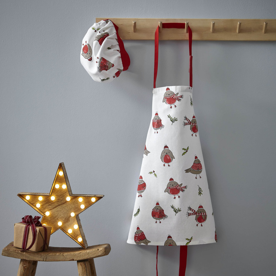 Christmas Robins 100% Cotton Kids Apron & Hat Set White Red