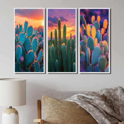 Jardin de cactus au coucher du soleil au Mexique I - ensemble de 3 art mural floral cactus