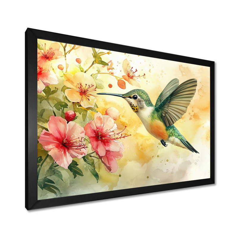 Colibri en vol I - oiseau, décoration murale, H 30 po x l 40 po, Cadre simple, Noir, noir, noir, noir