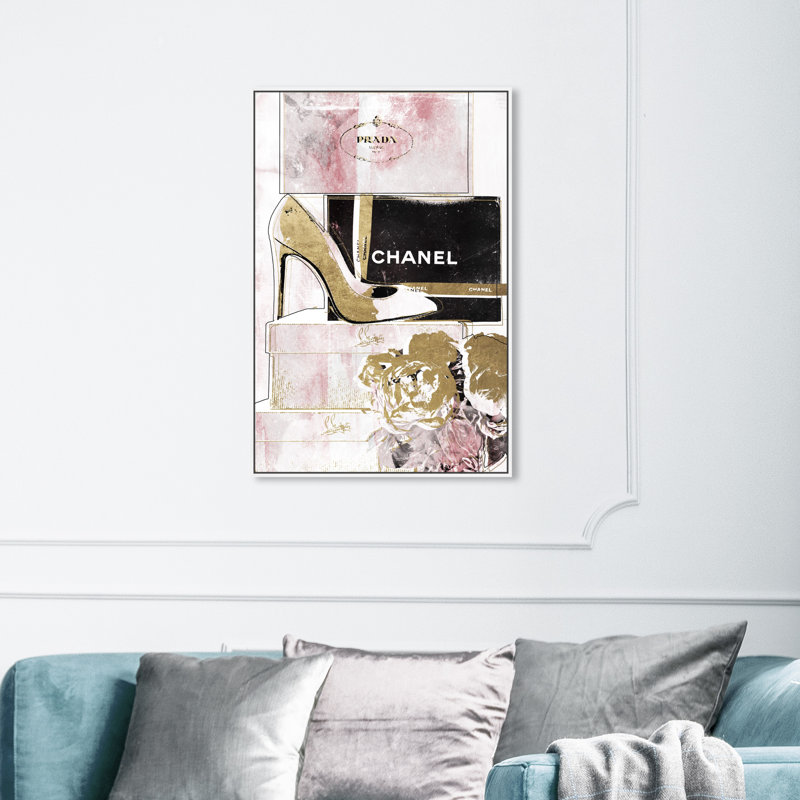" Luxury Stacked Shoes Rose ", 36" H x 24" W, White Framed