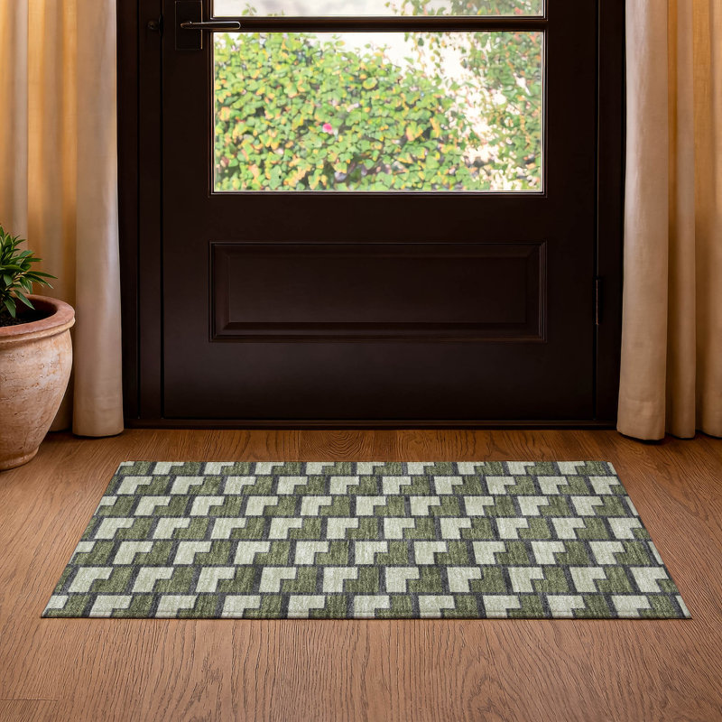 Premium Machine Washable Mayfield AMF2416 Geometric Rug, 1'8" x 2'6", Olive