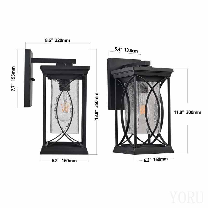 Ensemble de 1 lanterne murale d'extérieur noire de 14 po (H) avec verre craquelé, luminaire d'extérieur résistant aux intempéries pour porche, patio et entrée, applique murale décorative moderne avec base E26 (ampoule non incluse)