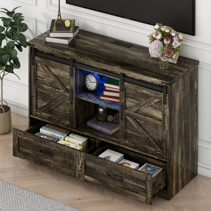 47" Farmhouse Sliding Barn Door Dresser With Led Lighting, 2 Drawers & Adjustable Shelves, Rustic Storage Cabinet Tv Stand For Bedroom Or Living Room