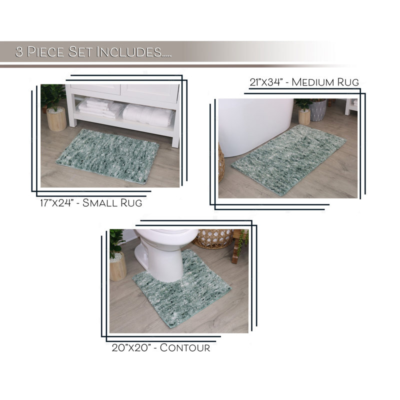 Cloud Comfort 100% Polyester Microfiber Bath Rug Set, Soft Shaggy & Machine Wash Bath Rug - 3Pc Set, Green